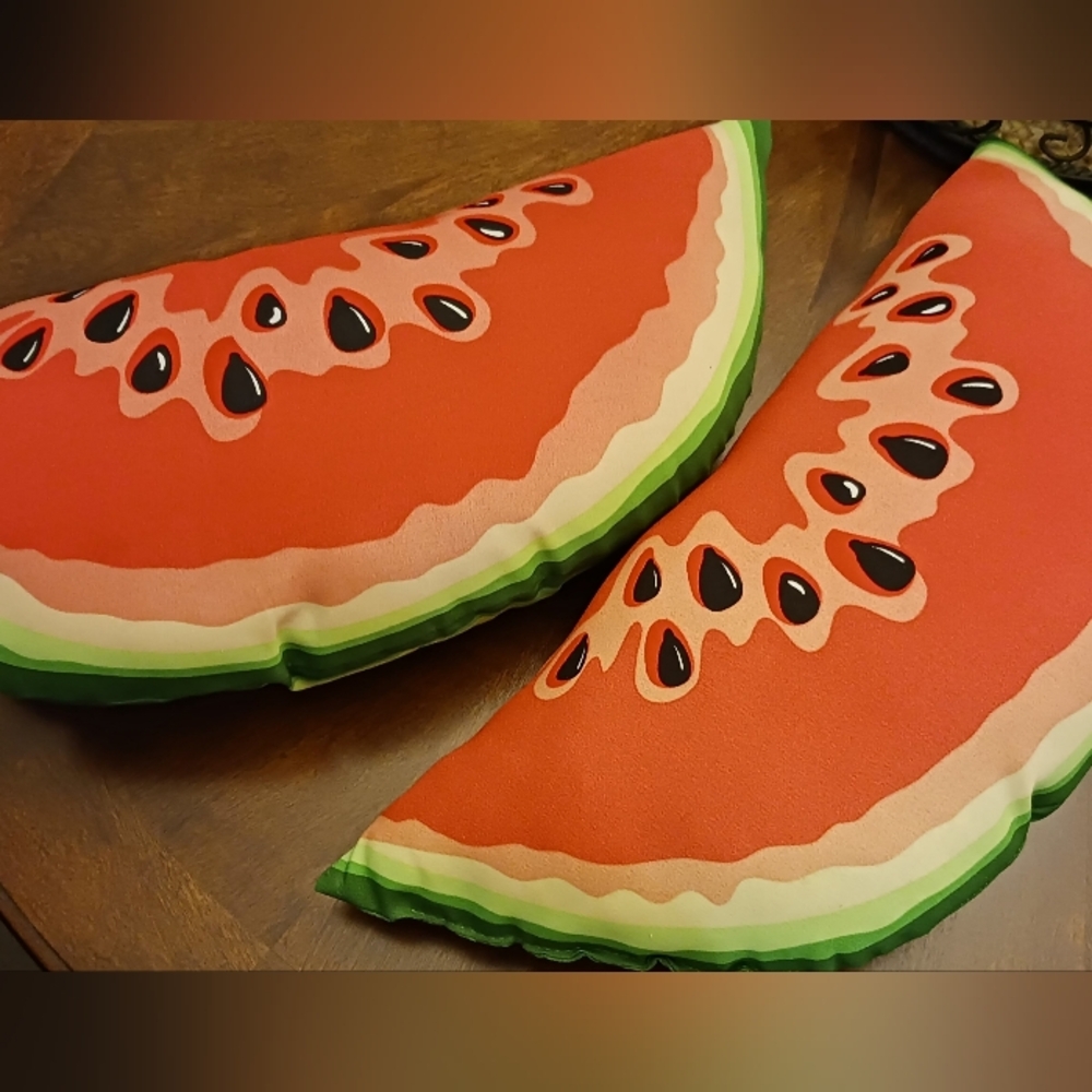 🍉Watermelon Slice Linen Pillows (2), 8" high x 21" length, EUC